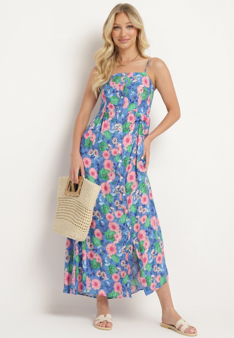 cflo Rochie Bleumarin Florală din Viscoză cu Bretele Reglabile și Elastic în Talie Levalia