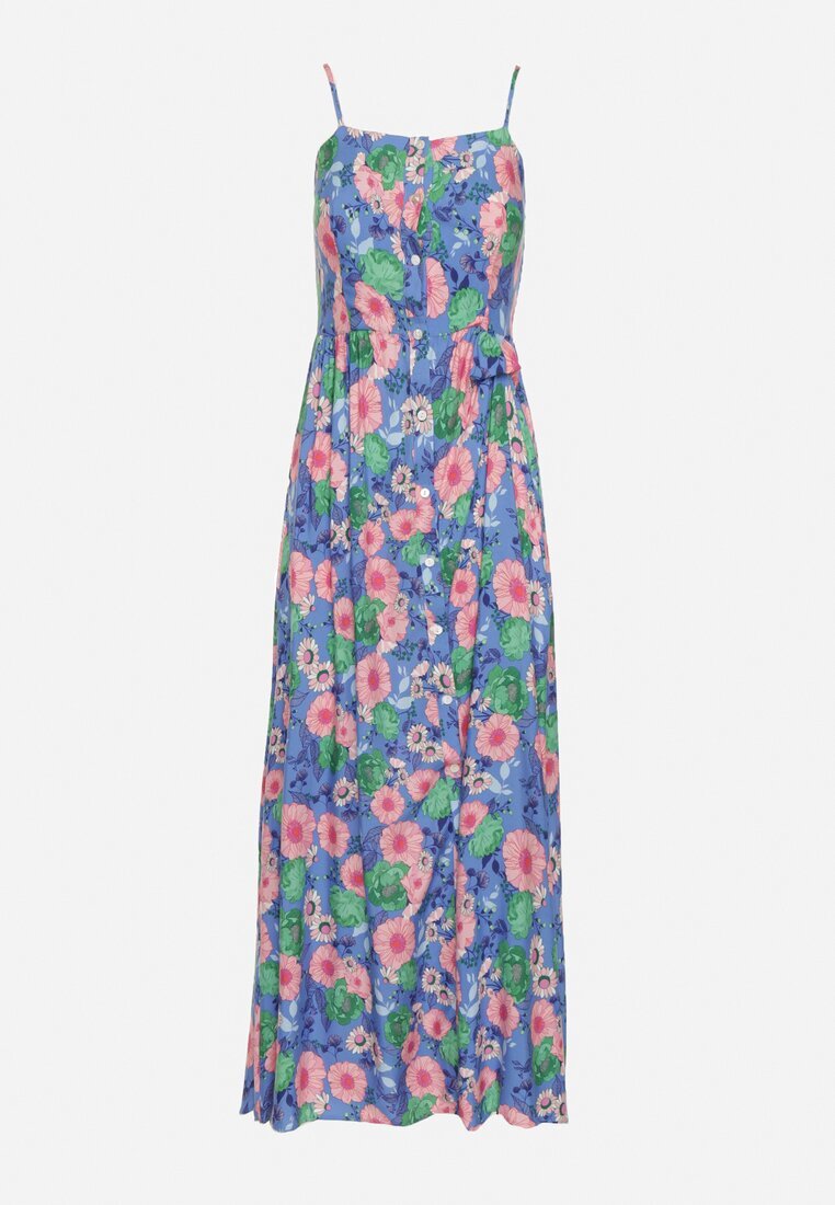 cflo Rochie Bleumarin Florală din Viscoză cu Bretele Reglabile și Elastic în Talie Levalia