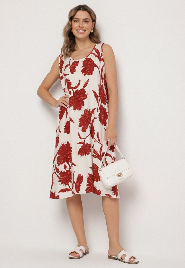 cflo Rochie Bordeaux din Viscoză cu Imprimeu Floral Fără Mâneci Orrulene