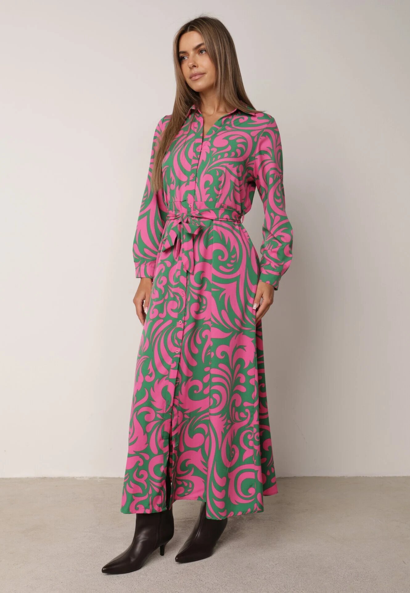 cflo Rochie cămașă Maxi Verde-Roz cu curea din material cu imprimeuri abstracte Terins