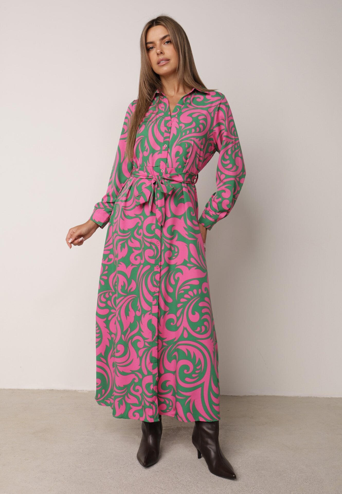cflo Rochie cămașă Maxi Verde-Roz cu curea din material cu imprimeuri abstracte Terins