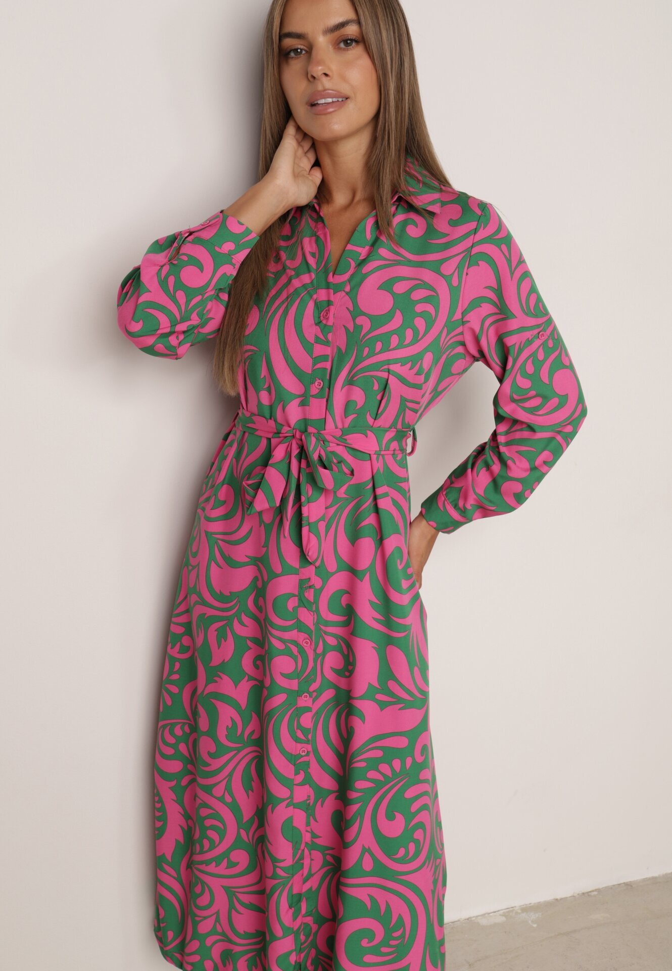cflo Rochie cămașă Maxi Verde-Roz cu curea din material cu imprimeuri abstracte Terins