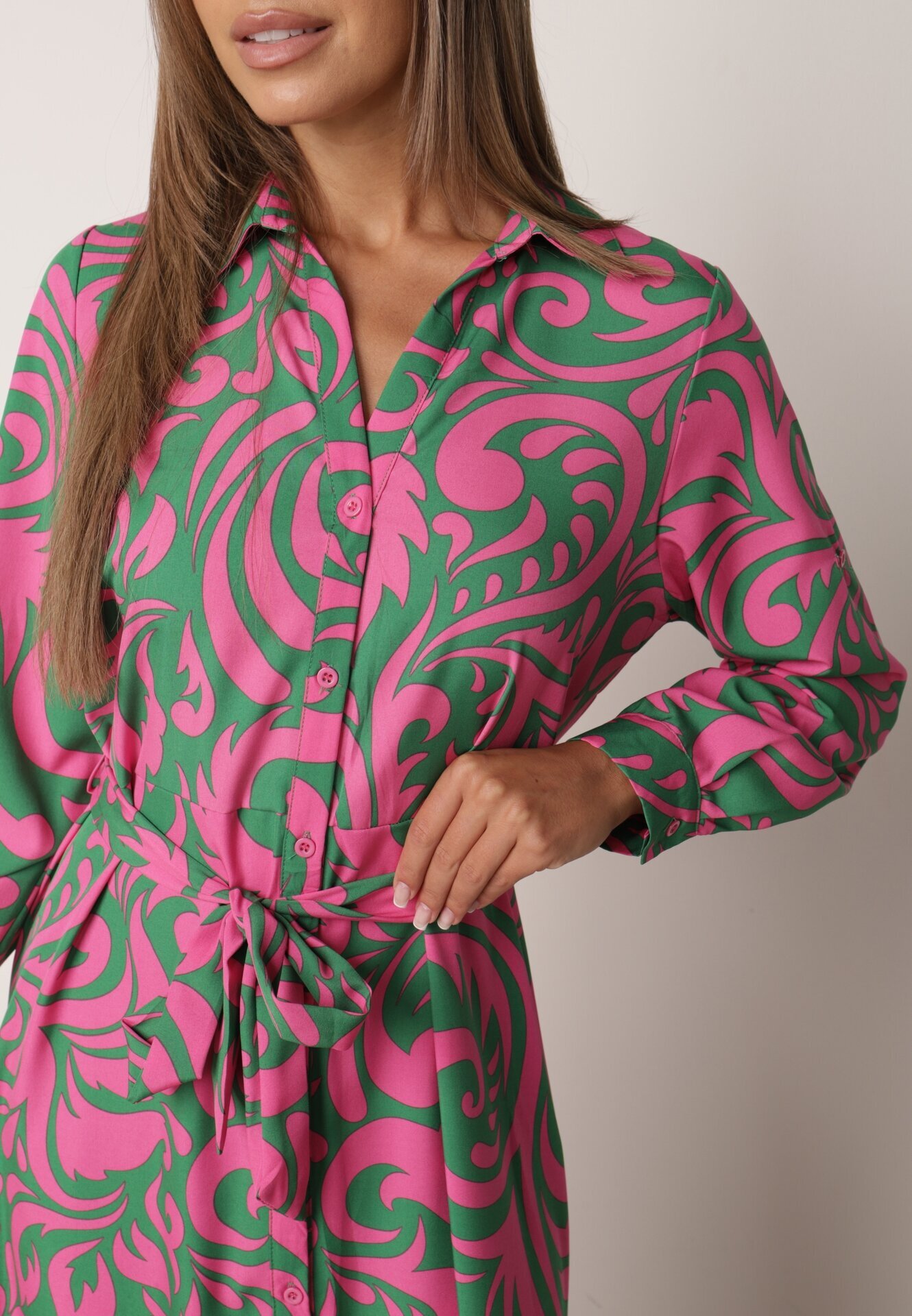 cflo Rochie cămașă Maxi Verde-Roz cu curea din material cu imprimeuri abstracte Terins