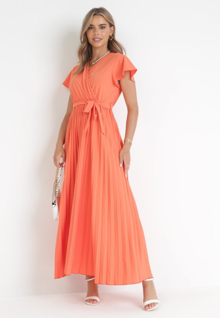 cflo Rochie Elegantă Maxi Portocalie cu Pliuri cu Decolteu Petrecut și Legătură Thessi