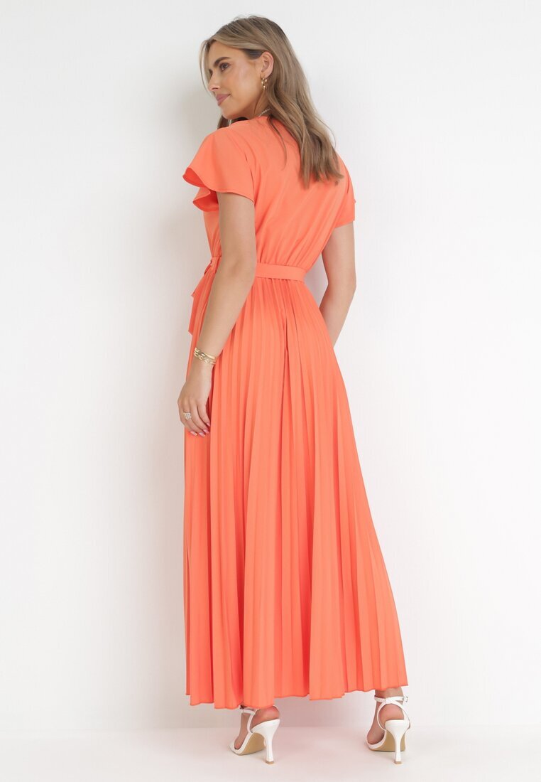 cflo Rochie Elegantă Maxi Portocalie cu Pliuri cu Decolteu Petrecut și Legătură Thessi