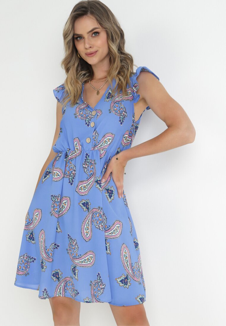 cflo Rochie Evazată Albastră din Viscoză cu Model Paisley Marinetta