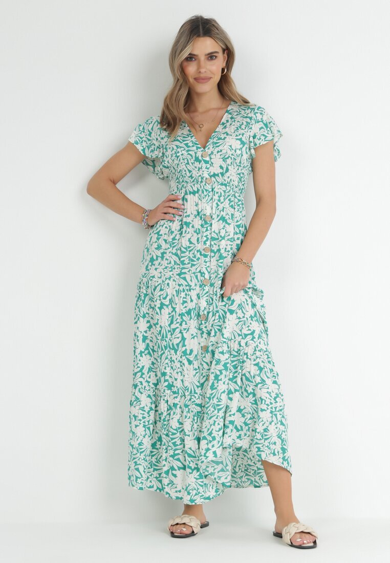 cflo Rochie Evazată Verde deschisă Maxi din Viscoză cu Elastic în Talie cu Nasturi Denim