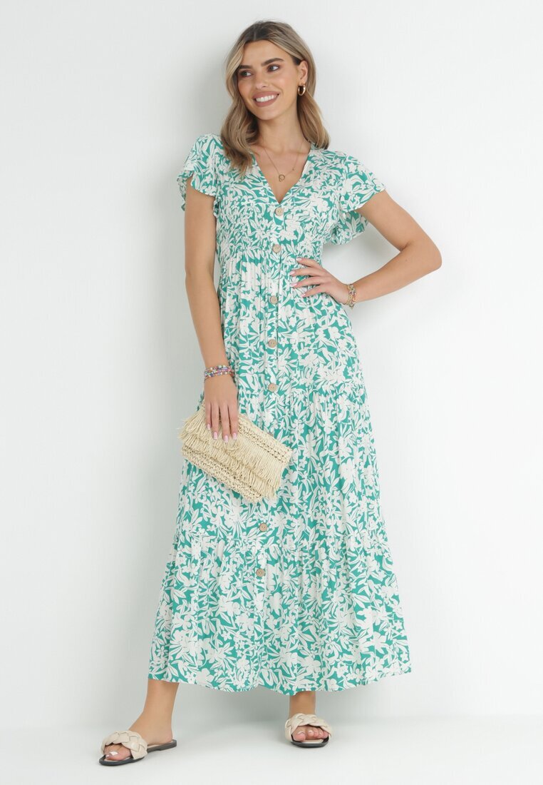 cflo Rochie Evazată Verde deschisă Maxi din Viscoză cu Elastic în Talie cu Nasturi Denim