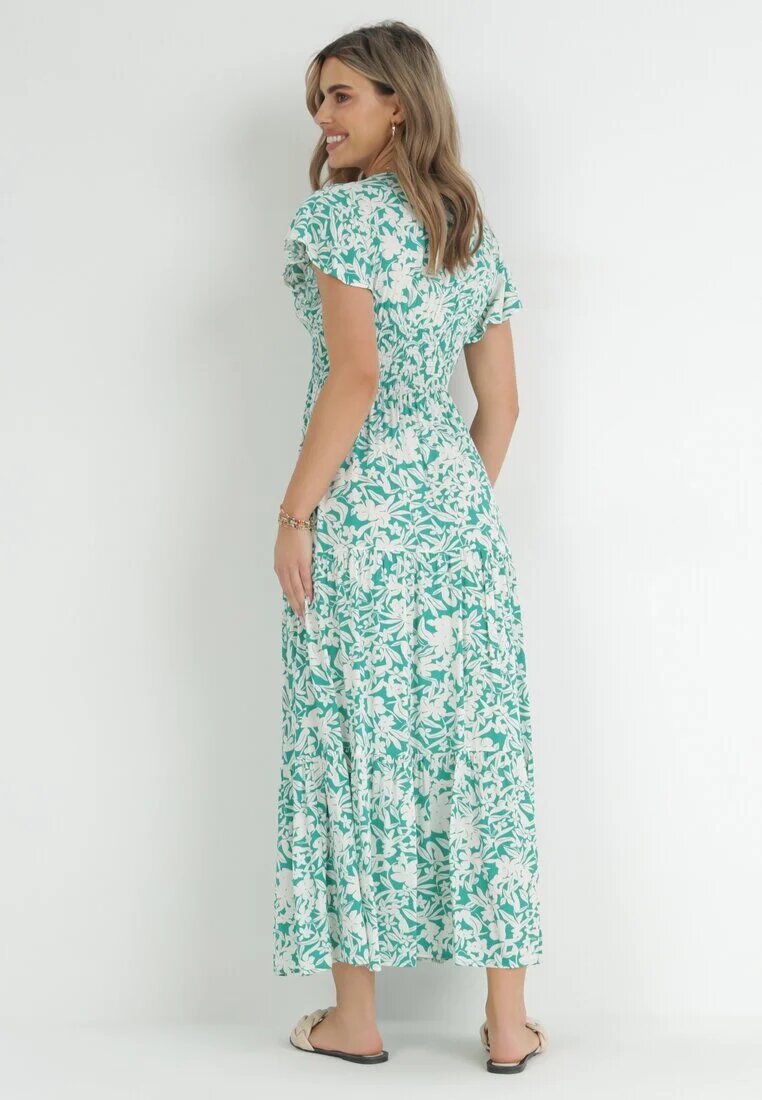 cflo Rochie Evazată Verde deschisă Maxi din Viscoză cu Elastic în Talie cu Nasturi Denim