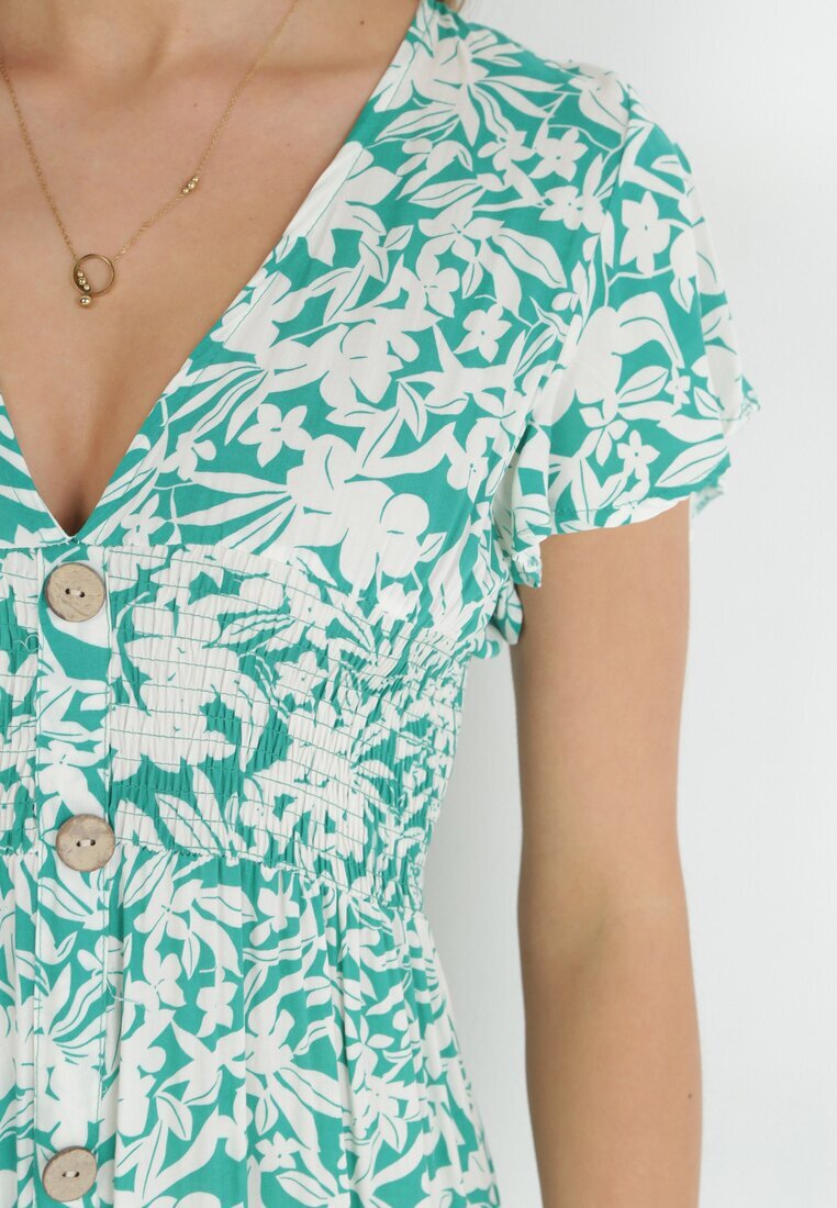cflo Rochie Evazată Verde deschisă Maxi din Viscoză cu Elastic în Talie cu Nasturi Denim