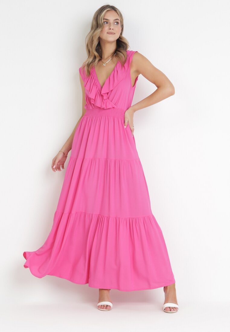 cflo Rochie Fucsia Maxi cu Gumă încrețită în Talie și Legătură la Spate Vaida