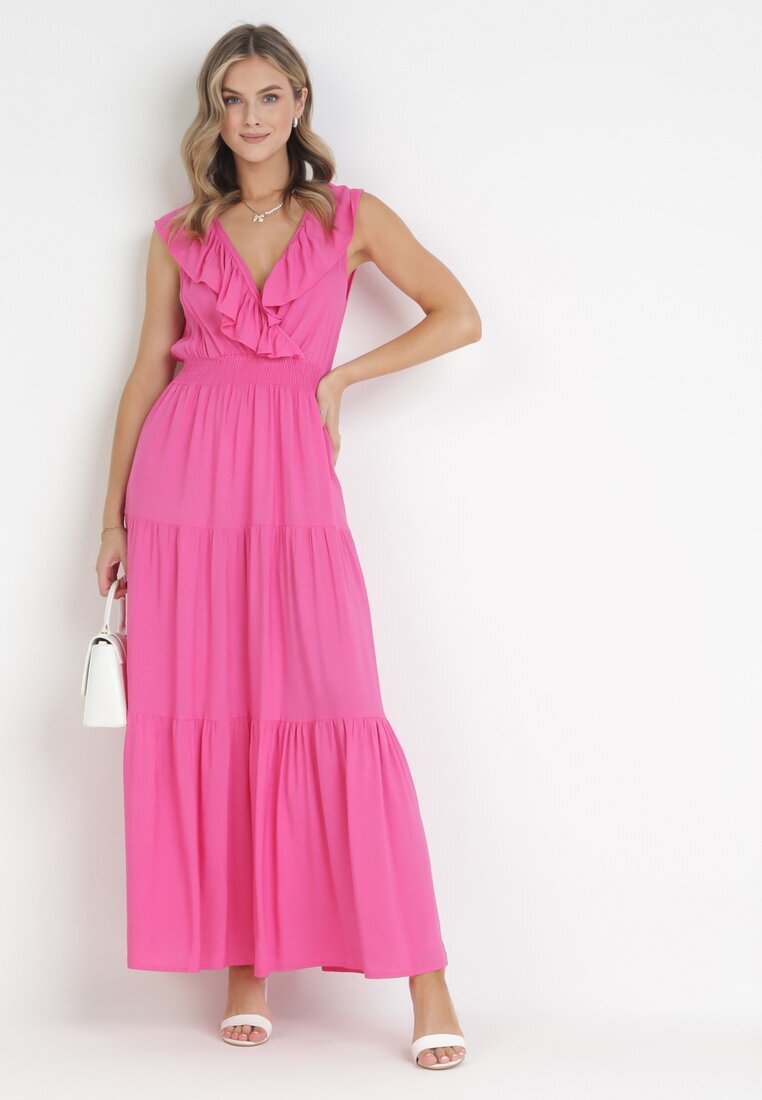 cflo Rochie Fucsia Maxi cu Gumă încrețită în Talie și Legătură la Spate Vaida
