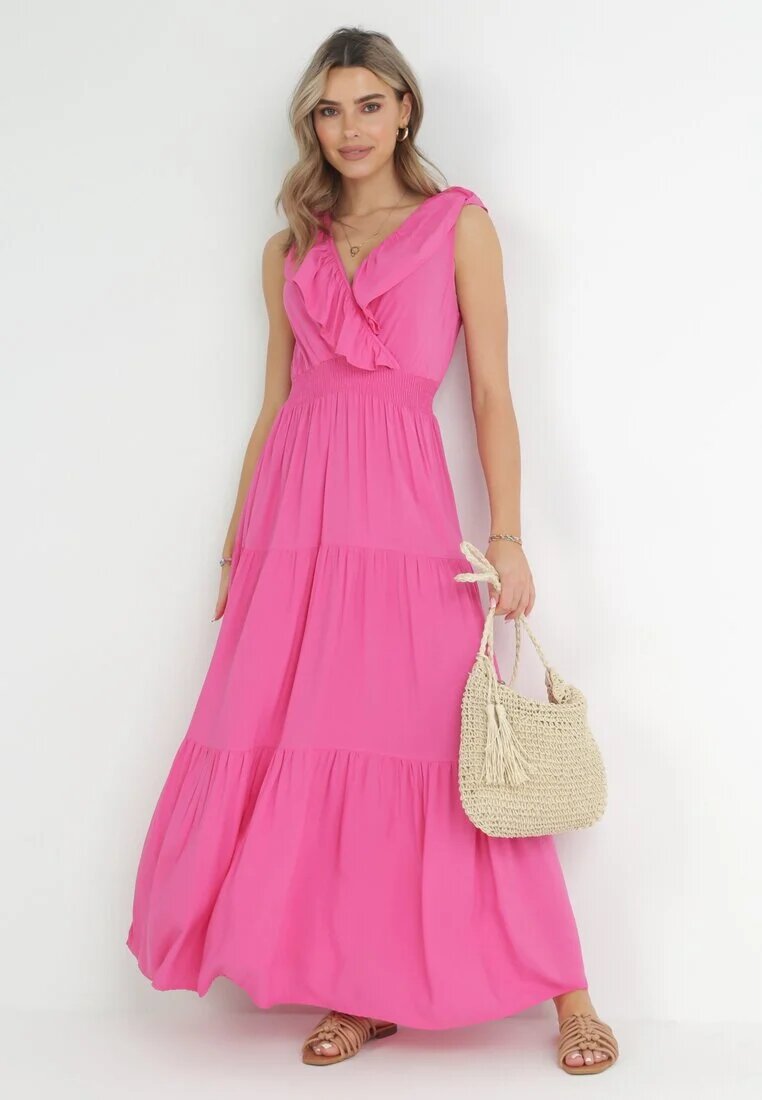 cflo Rochie Fucsia Maxi cu Gumă încrețită în Talie și Legătură la Spate Vaida