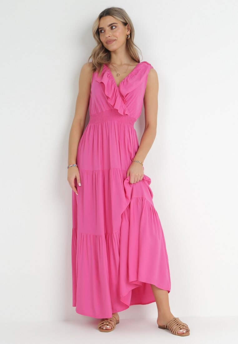 cflo Rochie Fucsia Maxi cu Gumă încrețită în Talie și Legătură la Spate Vaida
