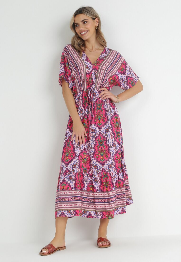 cflo Rochie Fucsia Midi din Vâscoză cu Elastic în Talie cu Mâneci Largi Damatia
