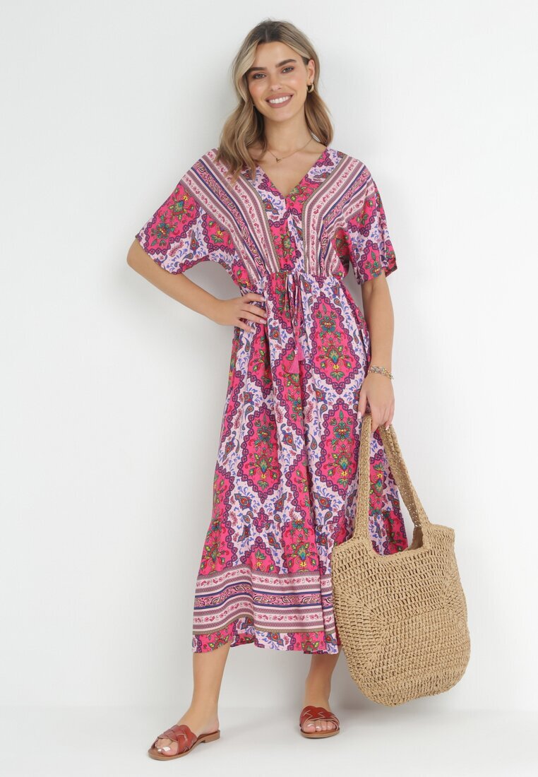 cflo Rochie Fucsia Midi din Vâscoză cu Elastic în Talie cu Mâneci Largi Damatia