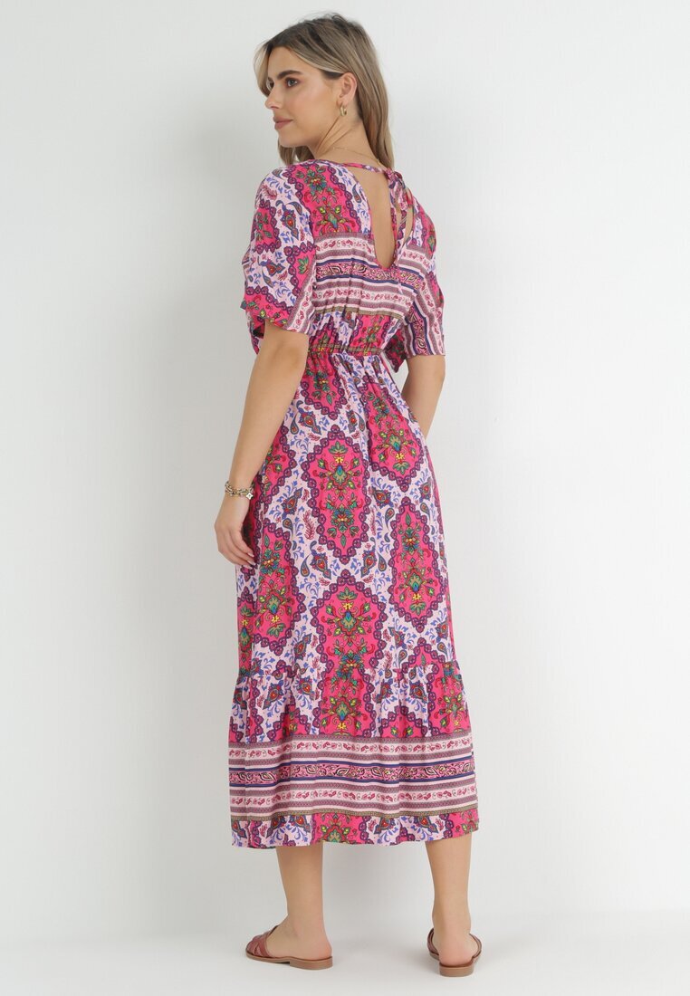 cflo Rochie Fucsia Midi din Vâscoză cu Elastic în Talie cu Mâneci Largi Damatia
