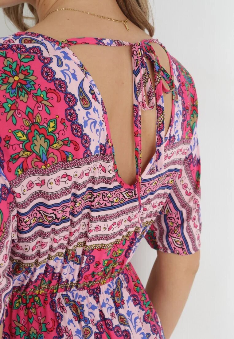cflo Rochie Fucsia Midi din Vâscoză cu Elastic în Talie cu Mâneci Largi Damatia