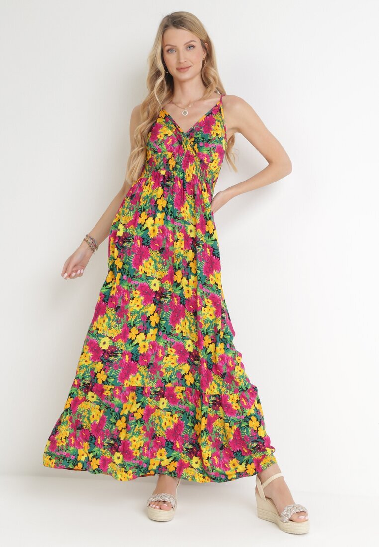cflo Rochie Galben-Fucsia din Vâscoză cu Imprimeu Floral și Decolteu Petrecut Gelia