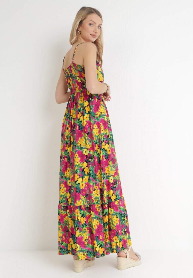 cflo Rochie Galben-Fucsia din Vâscoză cu Imprimeu Floral și Decolteu Petrecut Gelia
