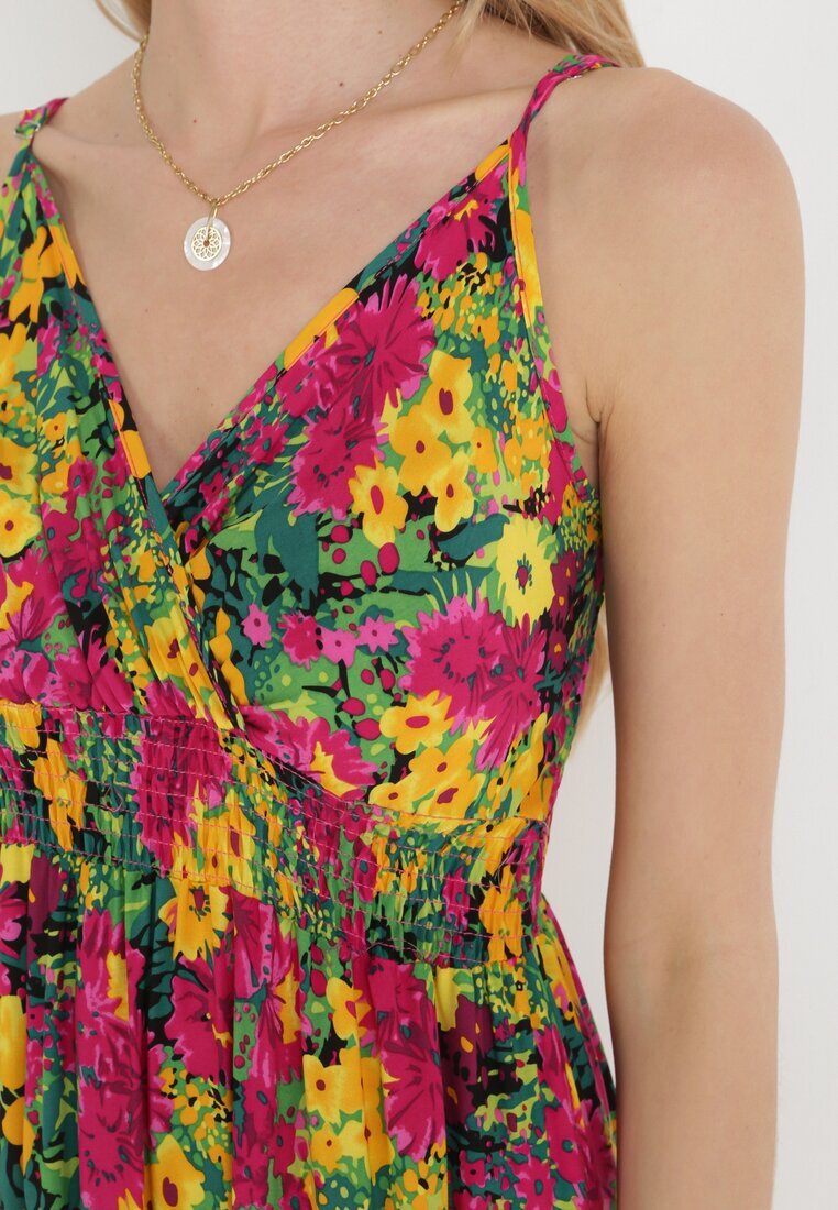 cflo Rochie Galben-Fucsia din Vâscoză cu Imprimeu Floral și Decolteu Petrecut Gelia