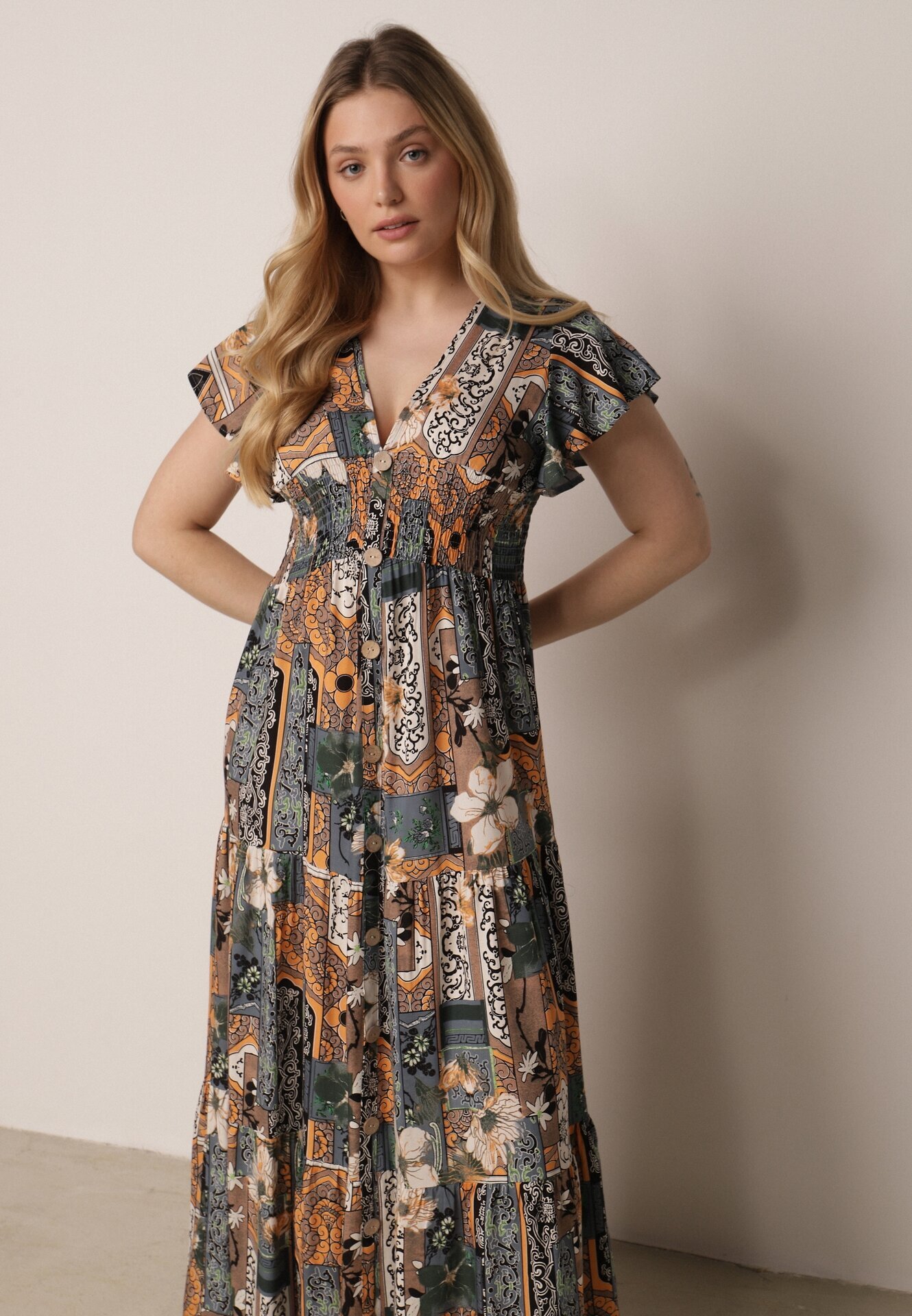 cflo Rochie Gri Maxi din Viscoză cu Elastic în Talie și Nasturi Nyllu