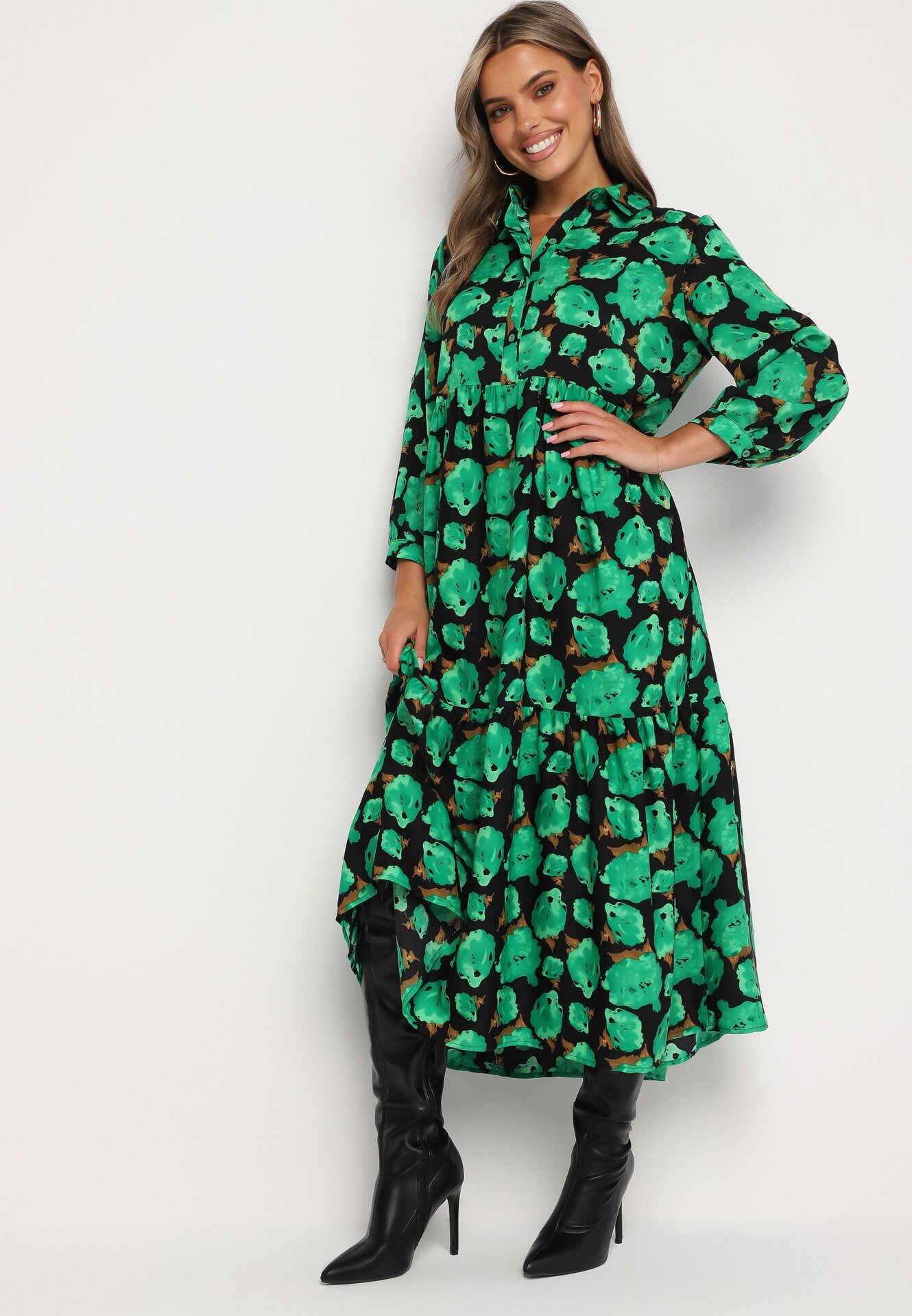 cflo Rochie Maxi Cloș Verde-Negru cu Flori Abstracte cu Nasturi la Decolteu Millara