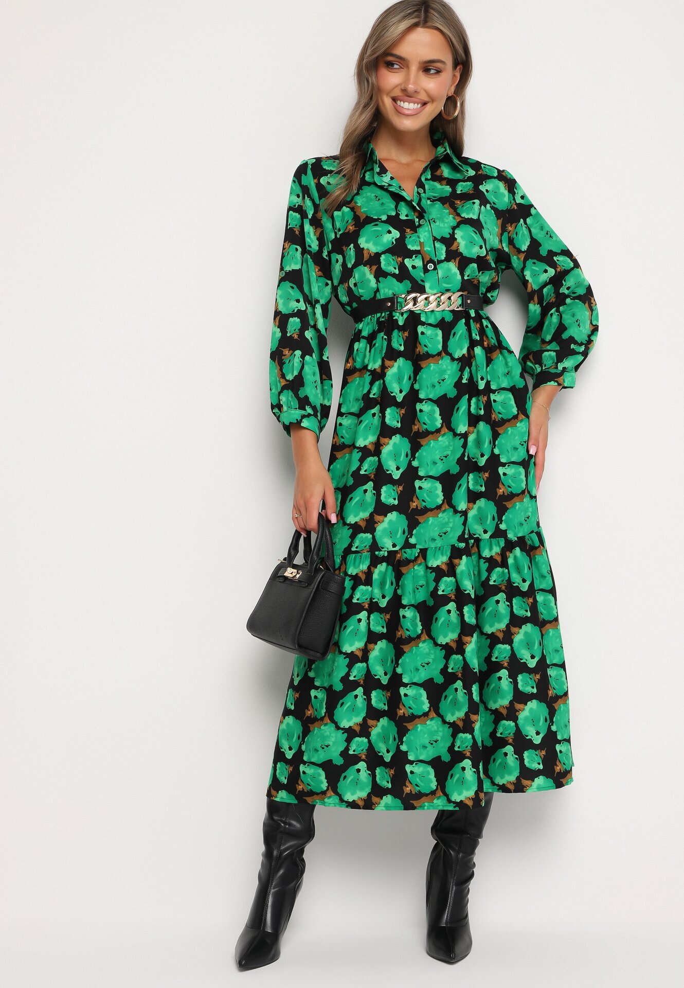 cflo Rochie Maxi Cloș Verde-Negru cu Flori Abstracte cu Nasturi la Decolteu Millara