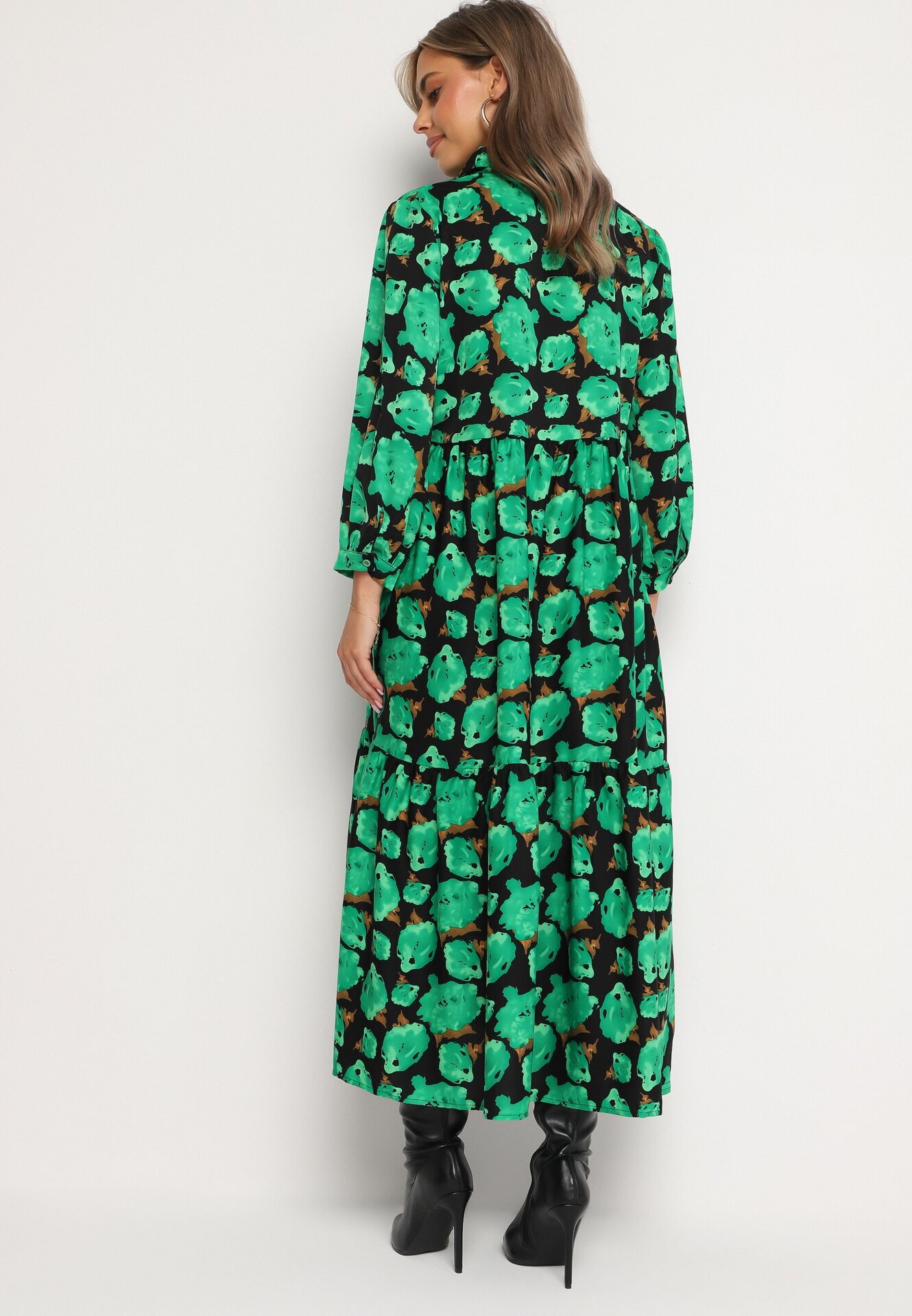 cflo Rochie Maxi Cloș Verde-Negru cu Flori Abstracte cu Nasturi la Decolteu Millara