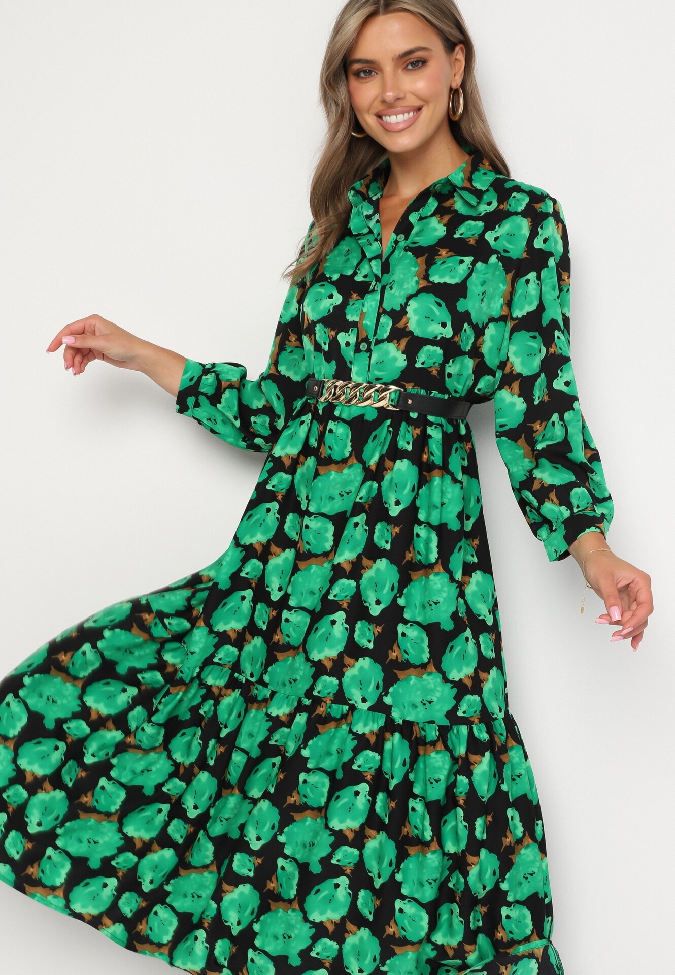 cflo Rochie Maxi Cloș Verde-Negru cu Flori Abstracte cu Nasturi la Decolteu Millara