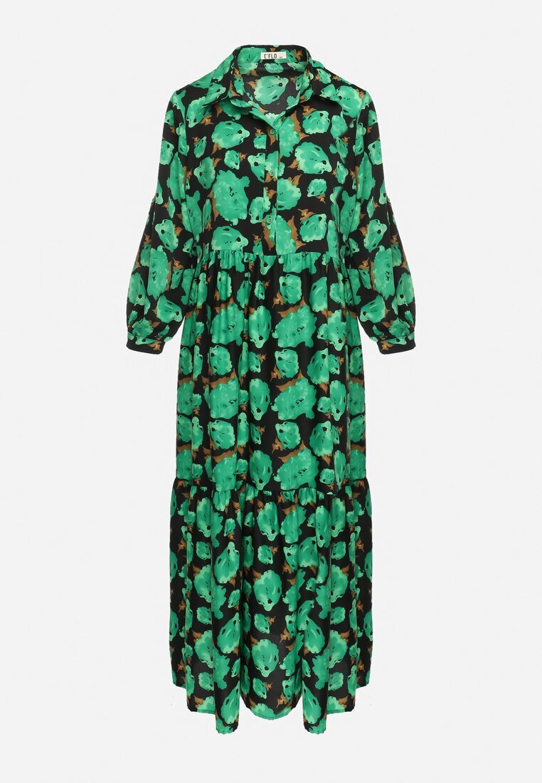 cflo Rochie Maxi Cloș Verde-Negru cu Flori Abstracte cu Nasturi la Decolteu Millara