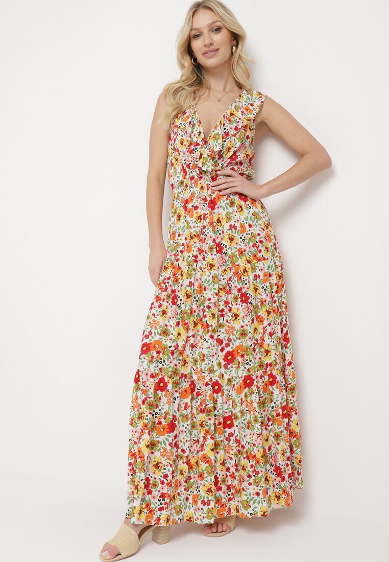 cflo Rochie Maxi Galben-Roșie cu Decolteu Triunghiular și Motiv Floral cu Volan Moraila