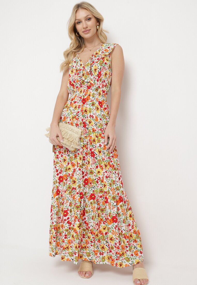 cflo Rochie Maxi Galben-Roșie cu Decolteu Triunghiular și Motiv Floral cu Volan Moraila