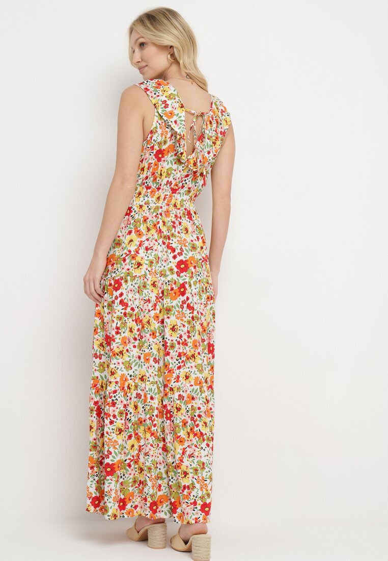cflo Rochie Maxi Galben-Roșie cu Decolteu Triunghiular și Motiv Floral cu Volan Moraila