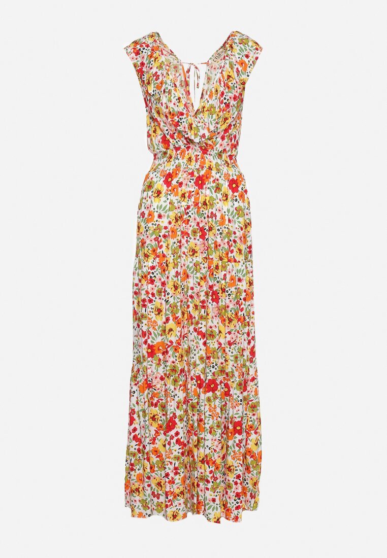 cflo Rochie Maxi Galben-Roșie cu Decolteu Triunghiular și Motiv Floral cu Volan Moraila