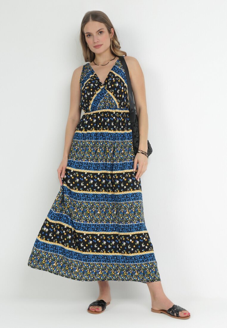 cflo Rochie Maxi neagră și bleumarin din viscoză cu un model fantezist Wellilne