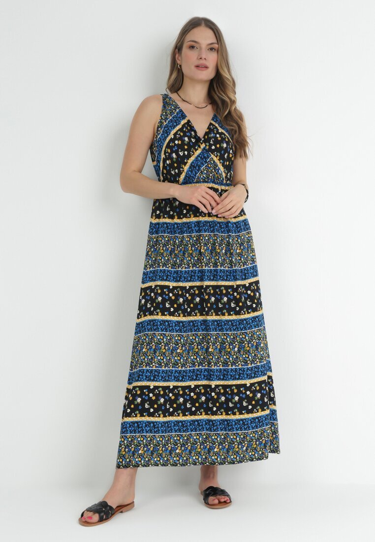 cflo Rochie Maxi neagră și bleumarin din viscoză cu un model fantezist Wellilne