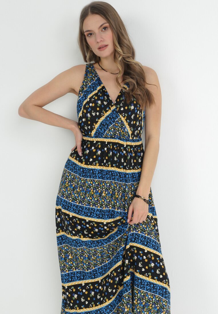 cflo Rochie Maxi neagră și bleumarin din viscoză cu un model fantezist Wellilne