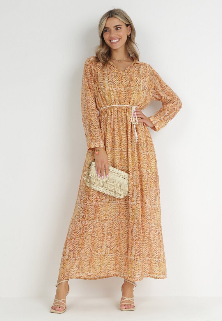 cflo Rochie Maxi Portocalie-Galbenă cu Ață Decorativă și Elastic în Talie Sarvehe