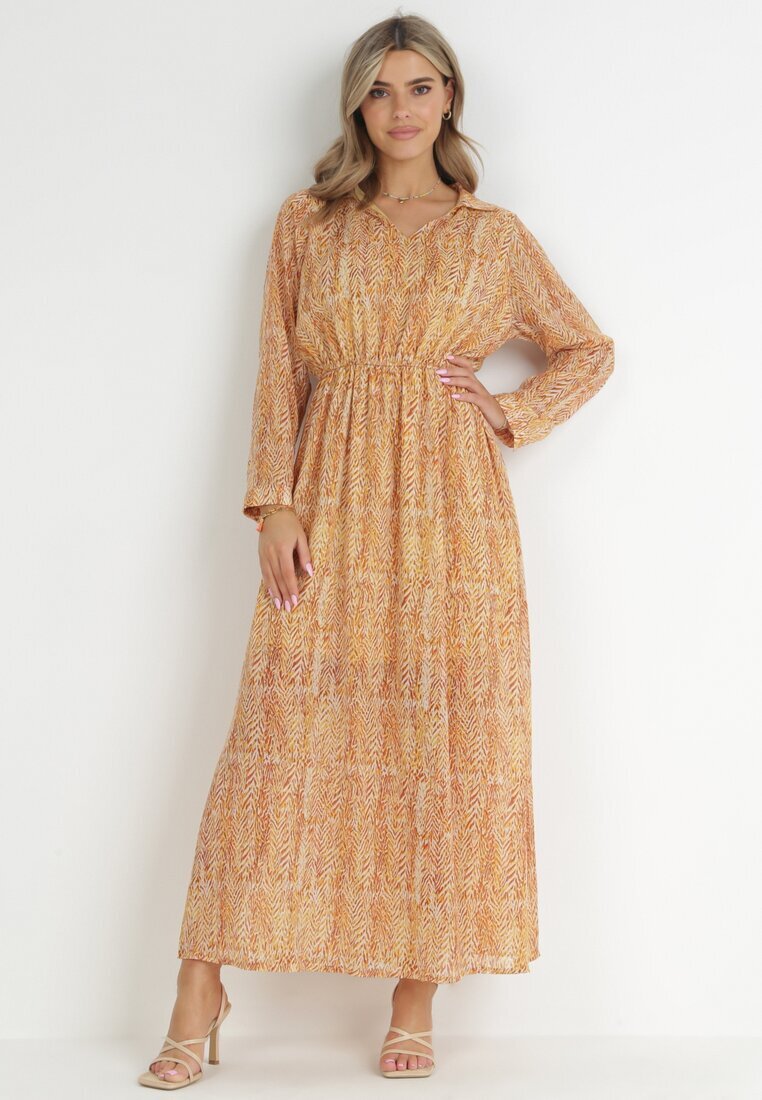 cflo Rochie Maxi Portocalie-Galbenă cu Ață Decorativă și Elastic în Talie Sarvehe