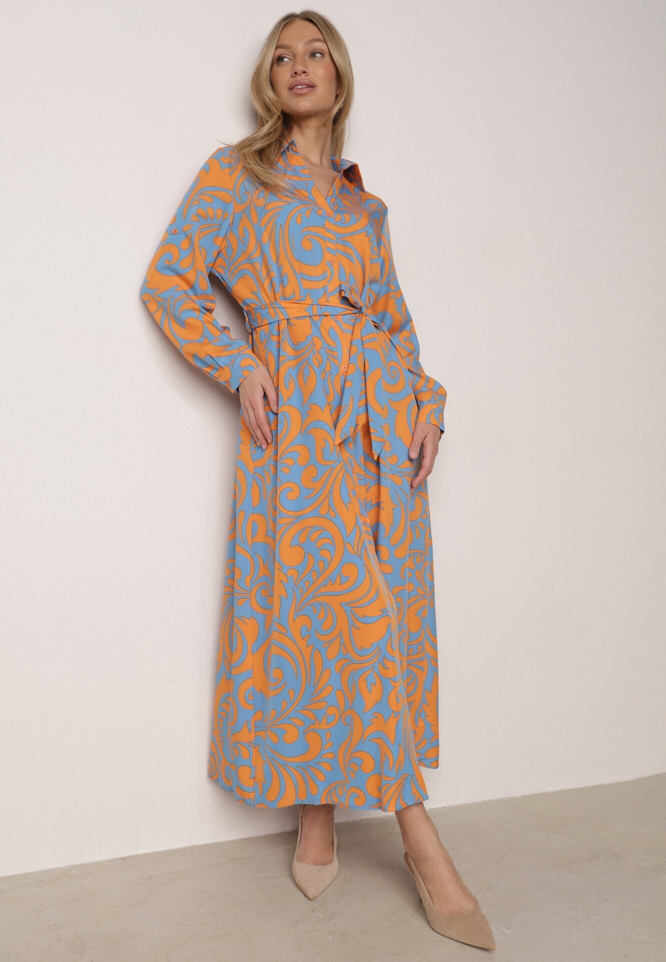 cflo Rochie Maxi tip cămașă Albastru-Portocaliu cu centură din material textil cu modele abstracte Terins