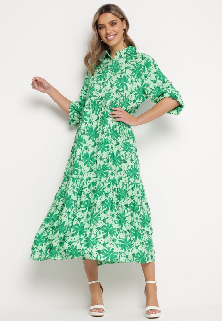 cflo Rochie Maxi Verde cu Imprimeu Floral cu Corsaj tip Cămașă Lithaia