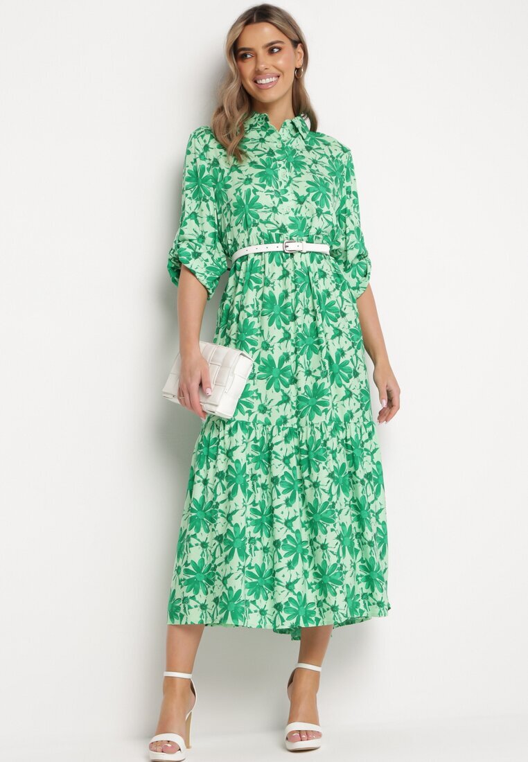 cflo Rochie Maxi Verde cu Imprimeu Floral cu Corsaj tip Cămașă Lithaia