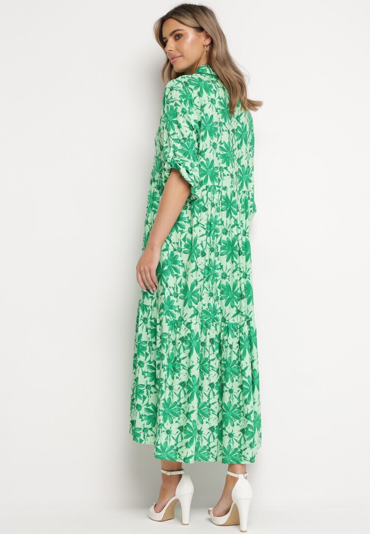 cflo Rochie Maxi Verde cu Imprimeu Floral cu Corsaj tip Cămașă Lithaia
