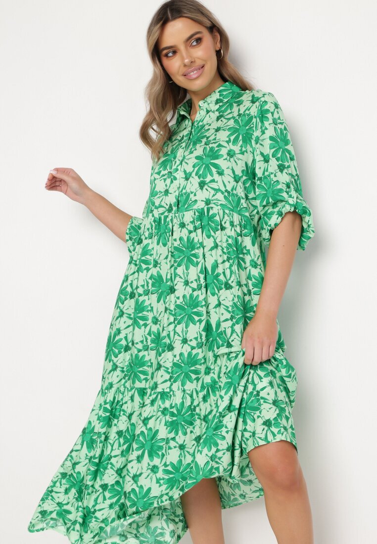 cflo Rochie Maxi Verde cu Imprimeu Floral cu Corsaj tip Cămașă Lithaia