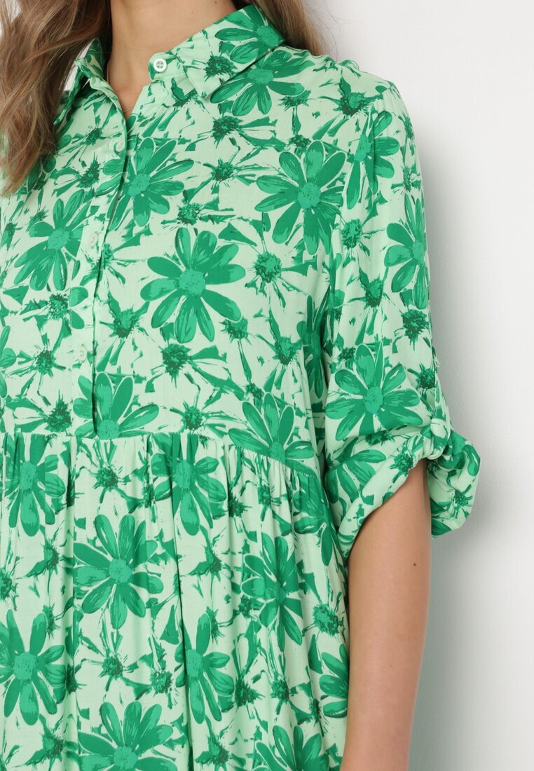 cflo Rochie Maxi Verde cu Imprimeu Floral cu Corsaj tip Cămașă Lithaia