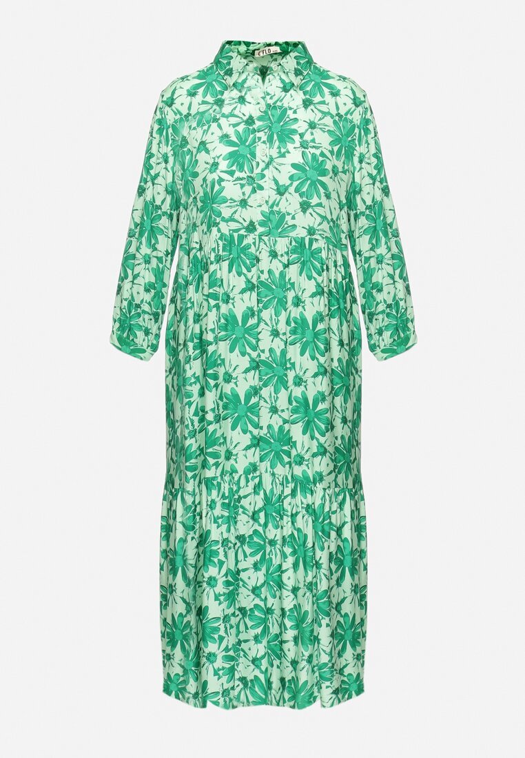 cflo Rochie Maxi Verde cu Imprimeu Floral cu Corsaj tip Cămașă Lithaia