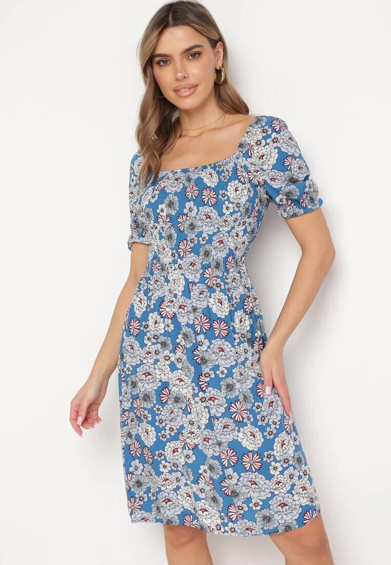 cflo Rochie Midi Albastră din Vâscoză cu Benzi Elastice la Decolteu și cu Model Floral Alonvaria