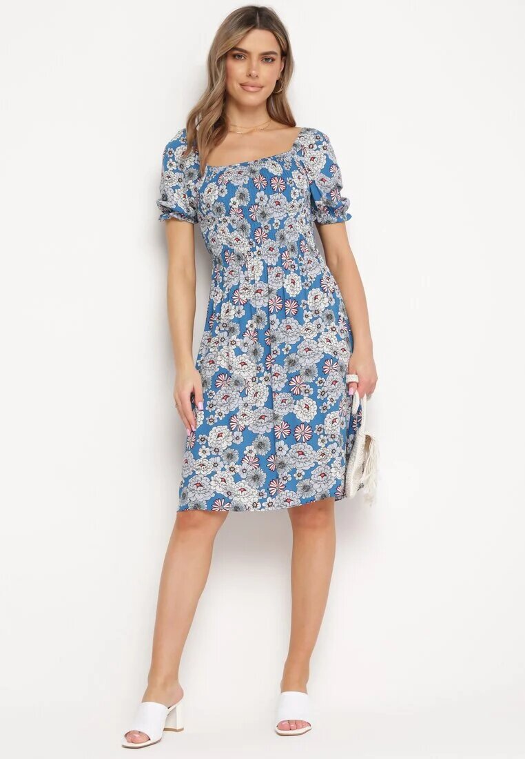 cflo Rochie Midi Albastră din Vâscoză cu Benzi Elastice la Decolteu și cu Model Floral Alonvaria