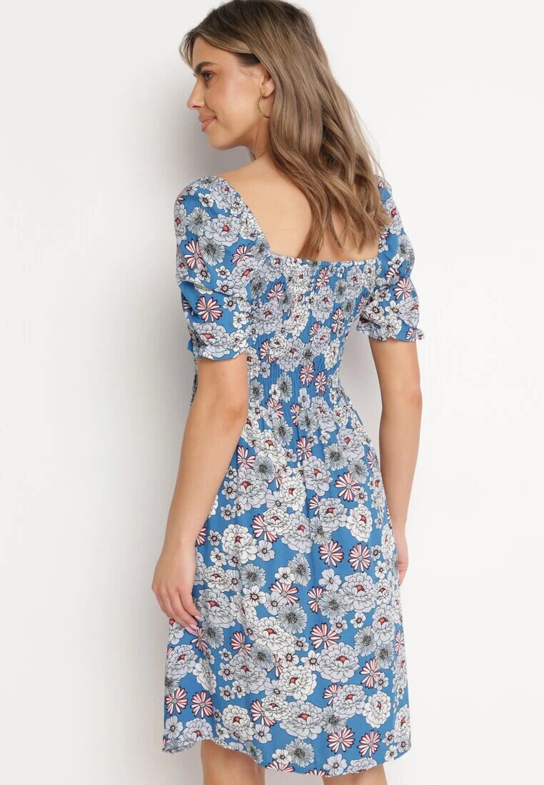 cflo Rochie Midi Albastră din Vâscoză cu Benzi Elastice la Decolteu și cu Model Floral Alonvaria